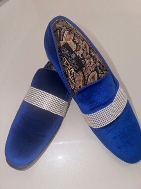 Blue Velvet Slip-On Loafers with Crystal Band